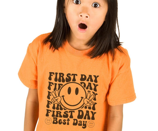 Excited child wearing a backpack and holding school supplies, ready for the first day of school