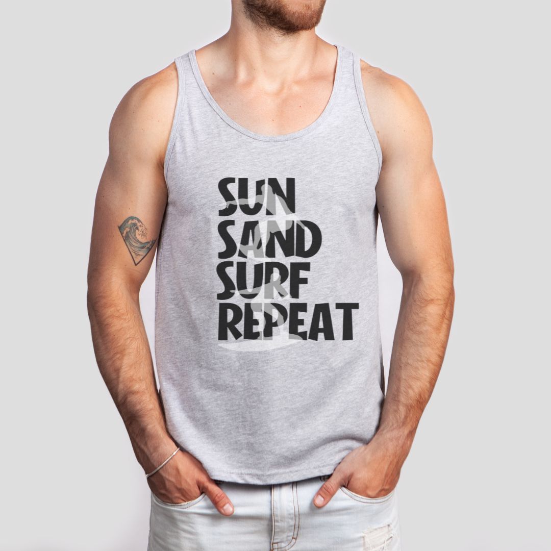 Sun Sand Surf Repeat Summer Ultimate Comfort Styled Unisex Tank Top