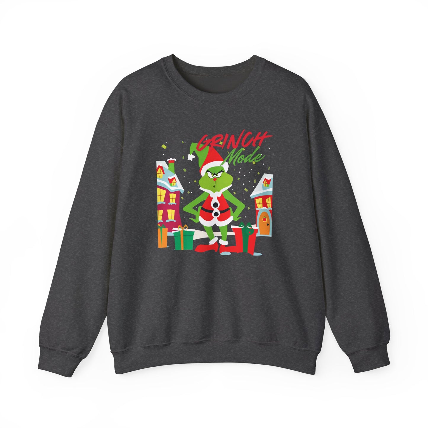 Graphic Designed Holiday Christmas Grinch Mode Crewneck Sweatshirt