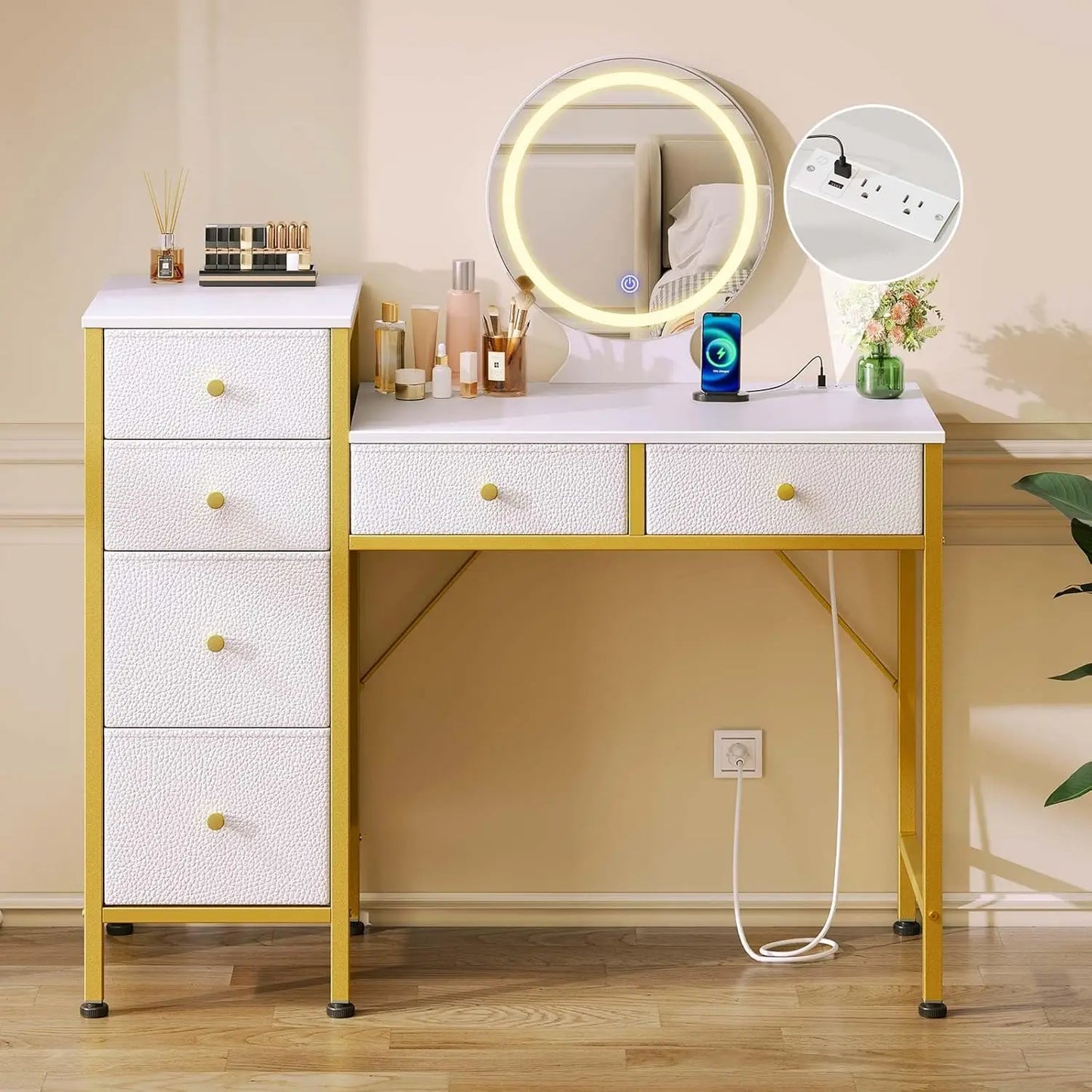 Vanity Desk with Mirror Lights Charging Station