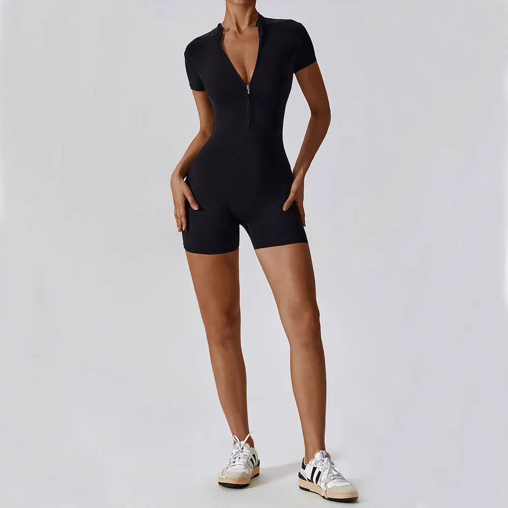 Short Sleeve Zipper Fitness Bodysuit