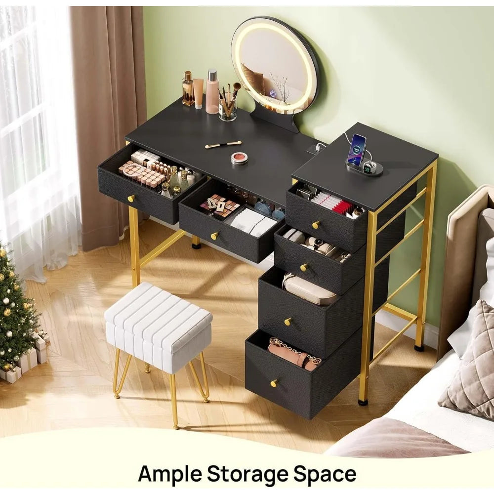 Vanity Desk with Mirror Lights Charging Station