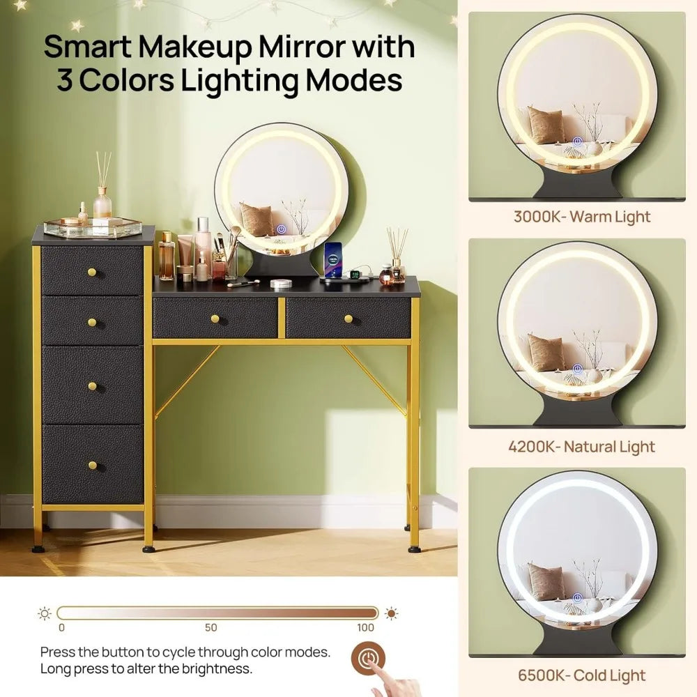 Vanity Desk with Mirror Lights Charging Station