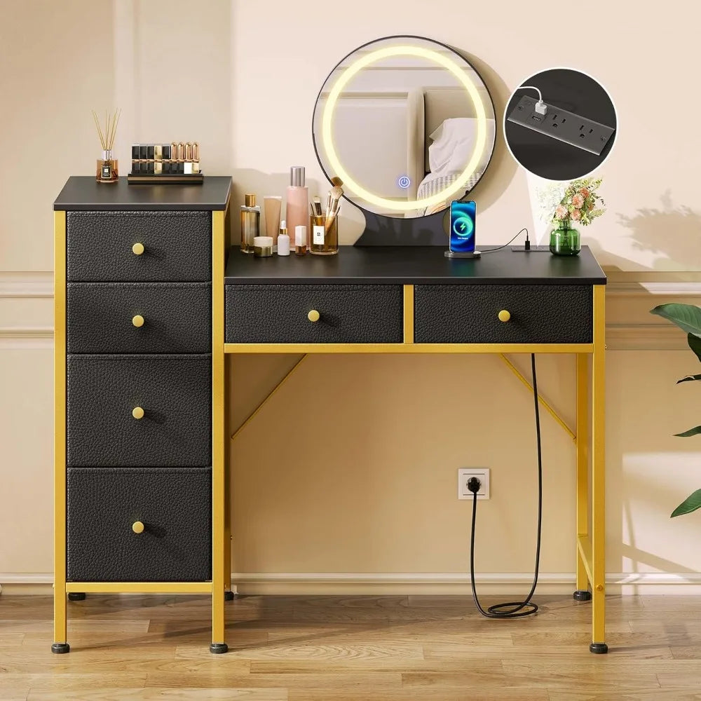 Vanity Desk with Mirror Lights Charging Station