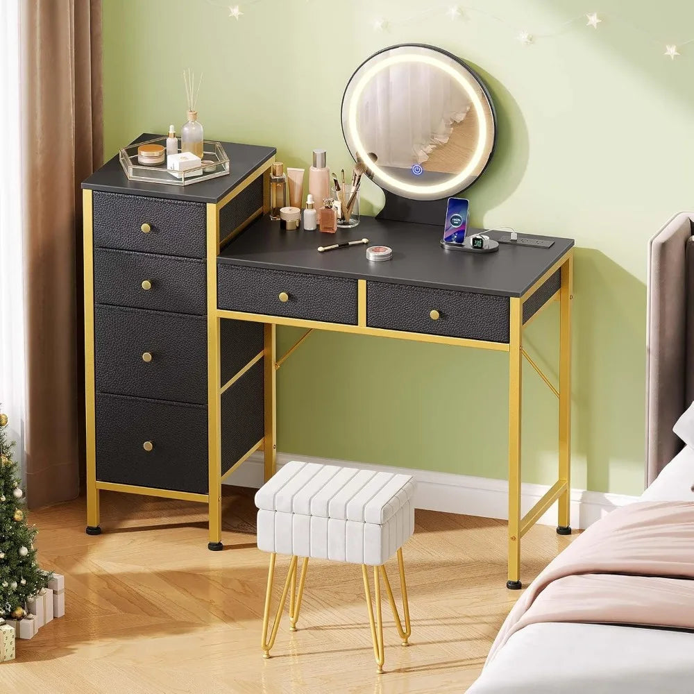 Vanity Desk with Mirror Lights Charging Station