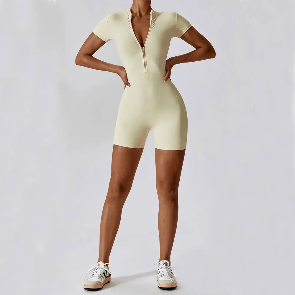 Short Sleeve Zipper Fitness Bodysuit