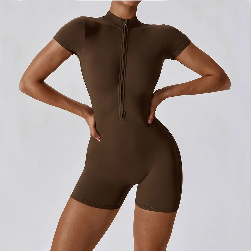 Short Sleeve Zipper Fitness Bodysuit