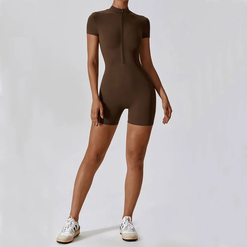 Short Sleeve Zipper Fitness Bodysuit