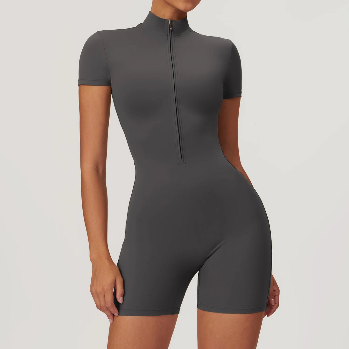 Short Sleeve Zipper Fitness Bodysuit