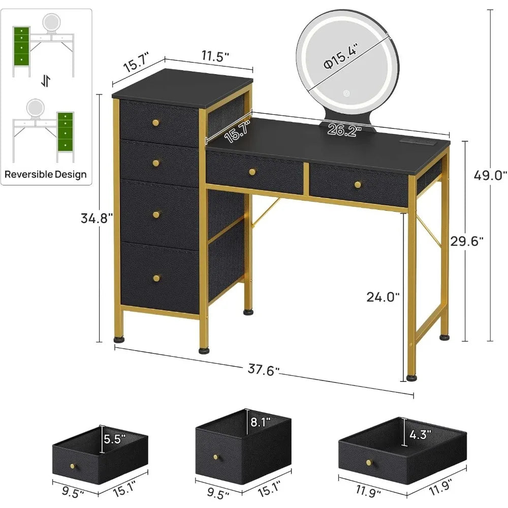 Vanity Desk with Mirror Lights Charging Station