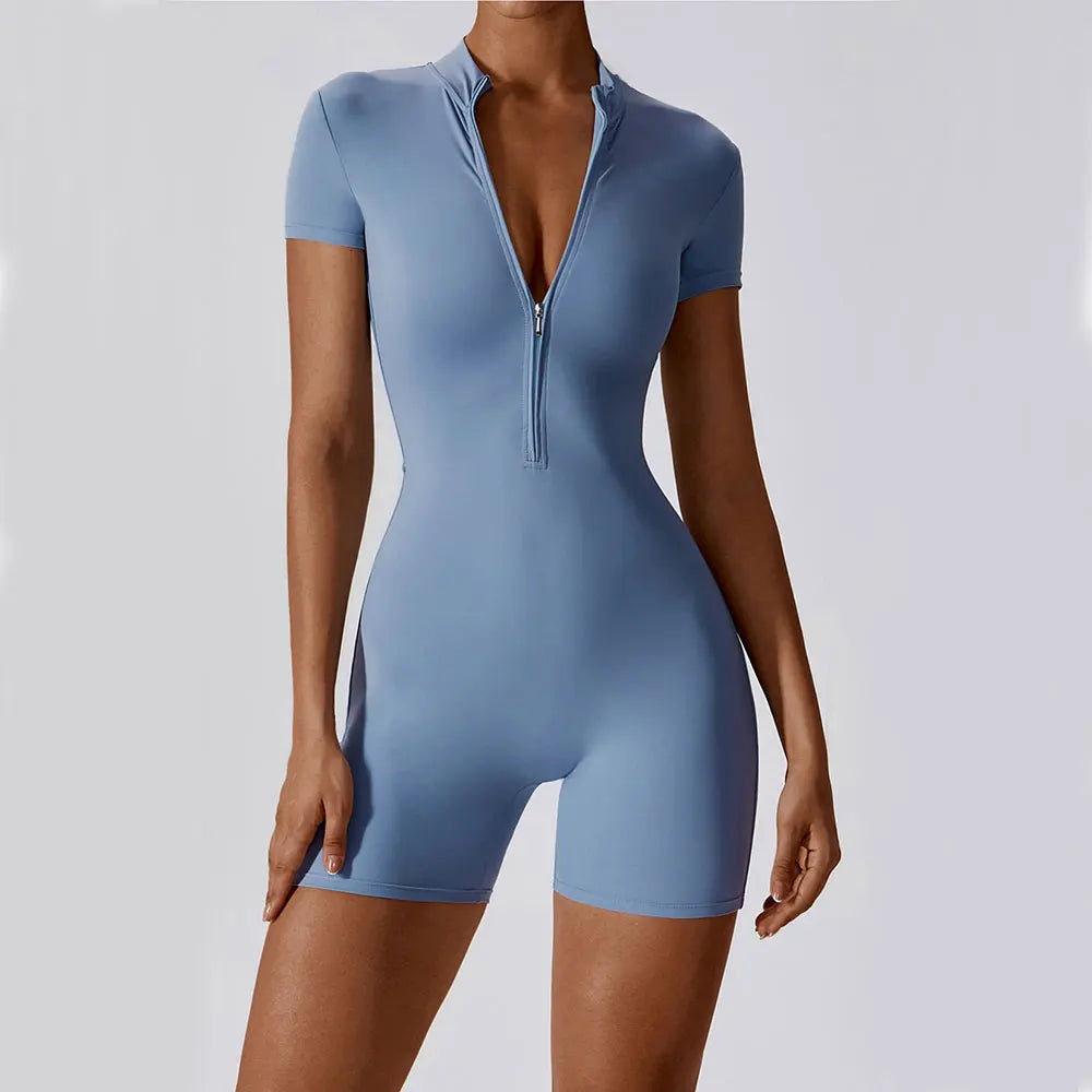Short Sleeve Zipper Fitness Bodysuit