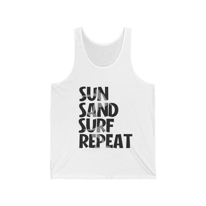 Sun Sand Surf Repeat Summer Ultimate Comfort Styled Unisex Tank Top