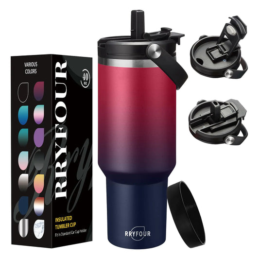 RRYFOUR 40 oz Coffee Tumbler with Handle and Lid Straw - Leakproof Travel Coffee Mug Thermal Metal Cup Insulated Tumbler Keep Cold 36H Stainless Steel Water Bottle Flask that Fits in Cup Holder