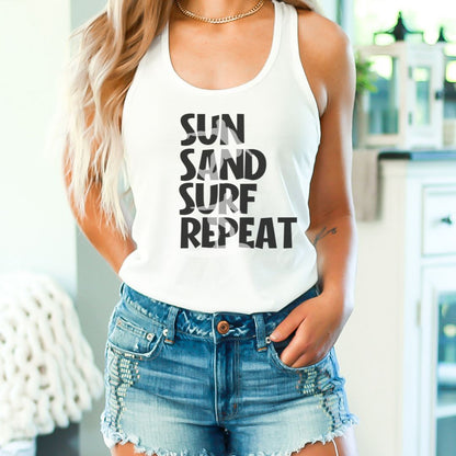 Sun Sand Surf Repeat Summer Ultimate Comfort Styled Unisex Tank Top