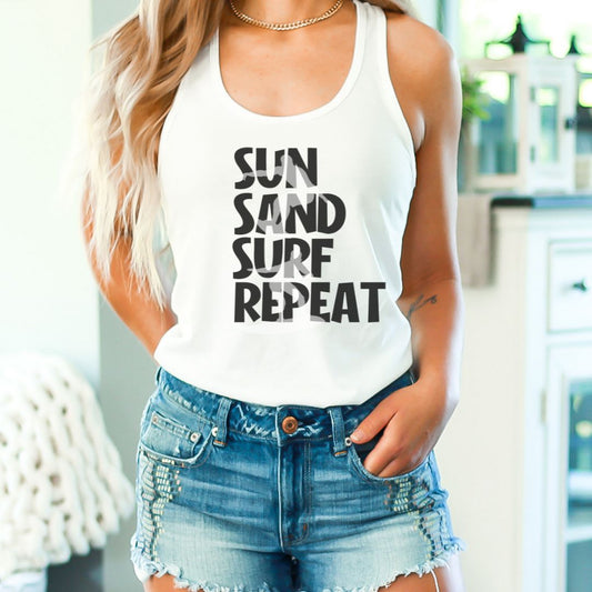 Sun Sand Surf Repeat Summer Ultimate Comfort Styled Unisex Tank Top