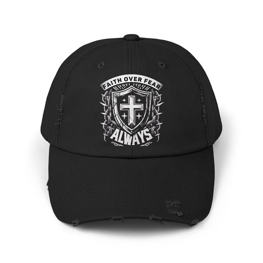 Unisex Distressed Unisex Cap with "Faith Over Fear Always" Design