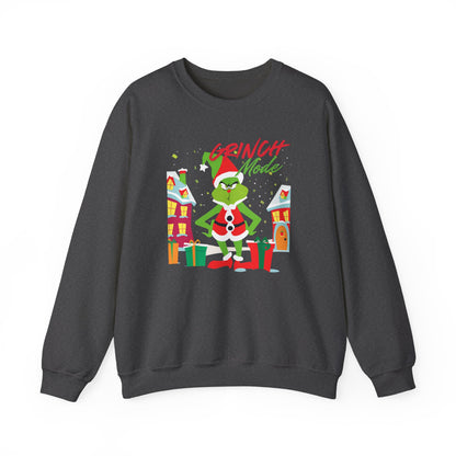 Graphic Designed Holiday Christmas Grinch Mode Crewneck Sweatshirt