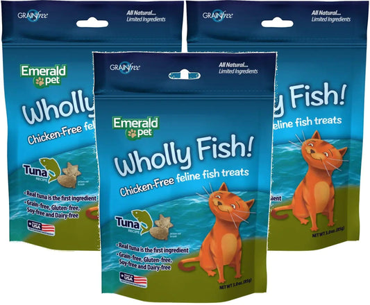 Emerald Pet 3 Pack of Wholly Fish Chicken-Free Tuna Recipe Cat Treats 3 Ounces Per Pack
