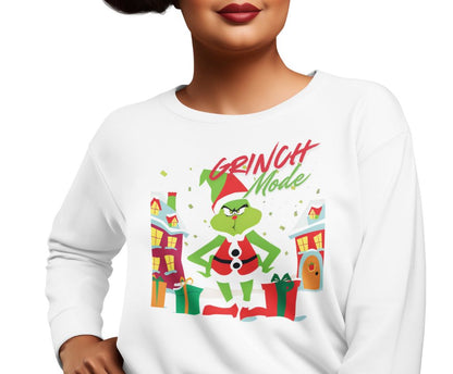 Graphic Designed Holiday Christmas Grinch Mode Crewneck Sweatshirt