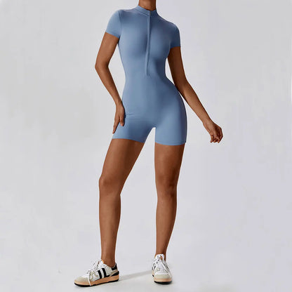 Short Sleeve Zipper Fitness Bodysuit