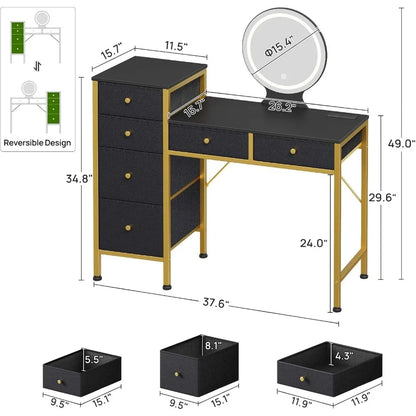 Vanity Desk with Mirror Lights Charging Station